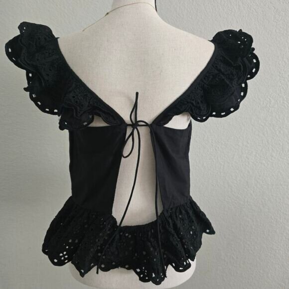 Express Black Cotton Eyelet Lace Ruffle Peplum Top L Open Back Romantic Evening - Picture 4 of 10
